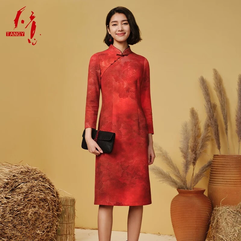 TANGY/天意秋冬新品商场同款复古特色印花收腰旗袍连衣裙2234801