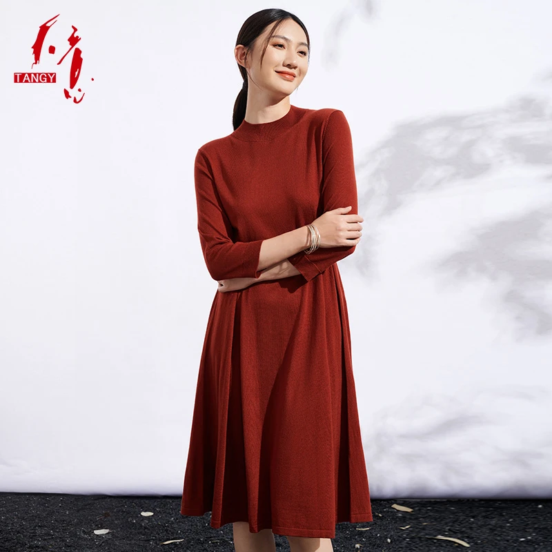 TANGY/天意秋冬新品简约时尚款七分袖圆领休闲针织连衣裙X223301