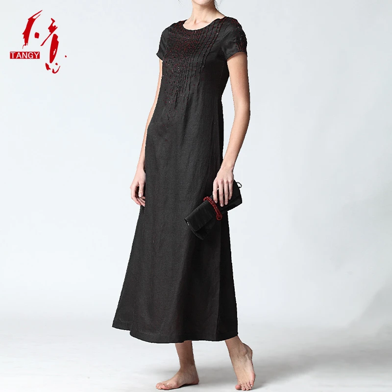 TANGY/天意春夏款桑蚕丝片珠捏褶刺绣礼服连衣裙女L32877
