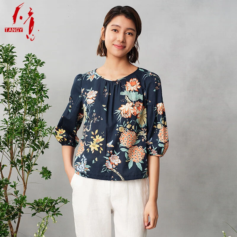 天意春夏新品商场同款民族风圆领时尚显瘦印花衬衫2241029