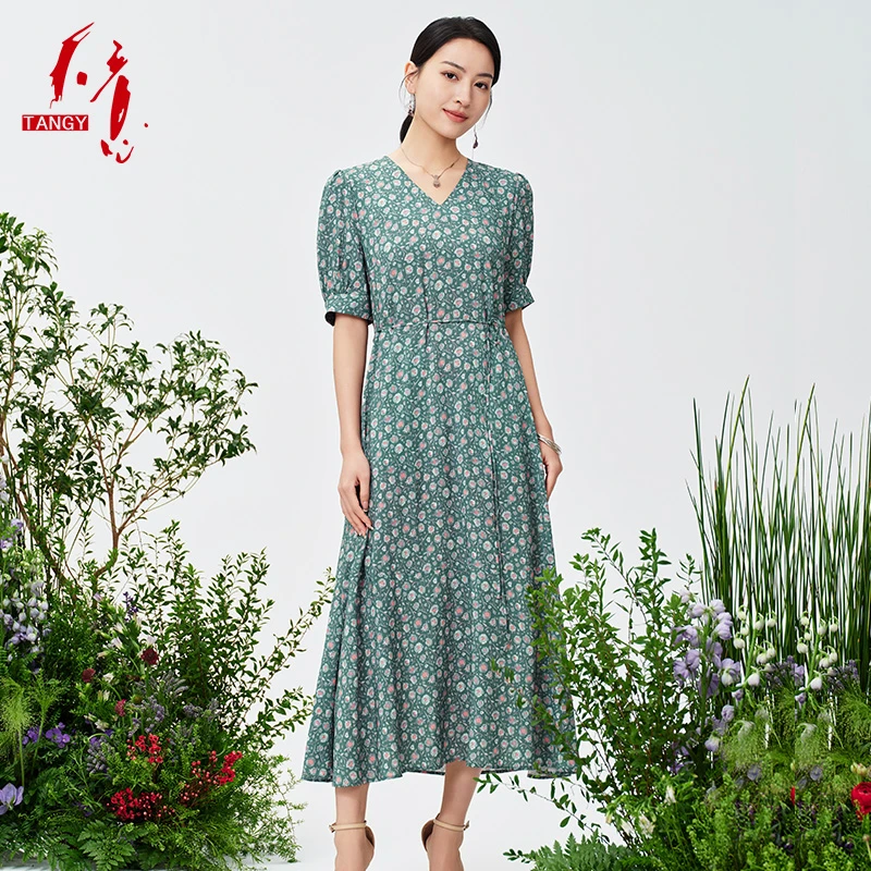 TANGY/天意春季新品商场同款民族风褶裥印花连衣裙W242811