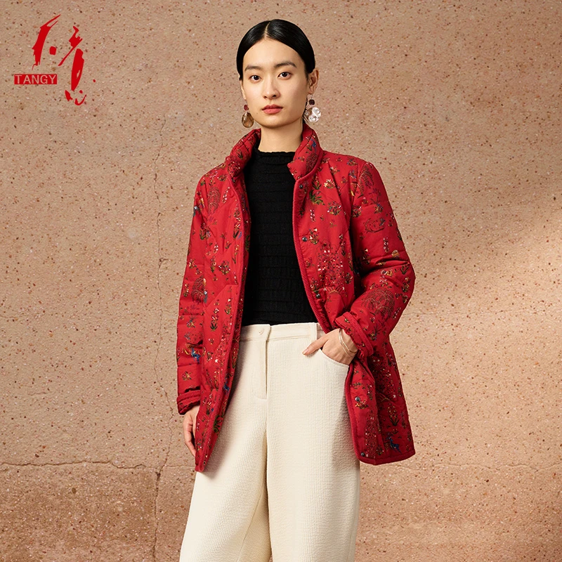 TANGY/天意冬季商场同款立领印花府绸棉中长款女棉衣外套2244073