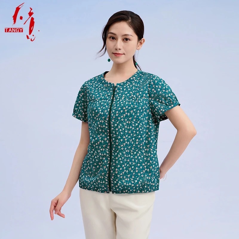 TANGY/天意2023年夏季新品民族风舒适款碎花圆领短袖衬衫 W232034