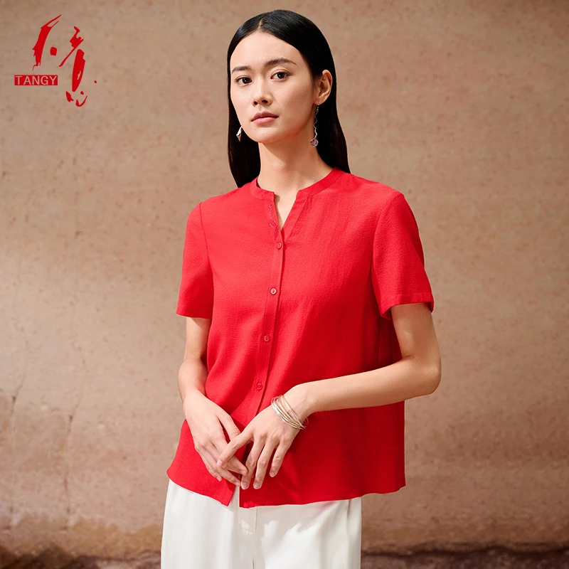 TANGY/天意2024夏季新款情报舒适绣花立领短袖衬衫W242021