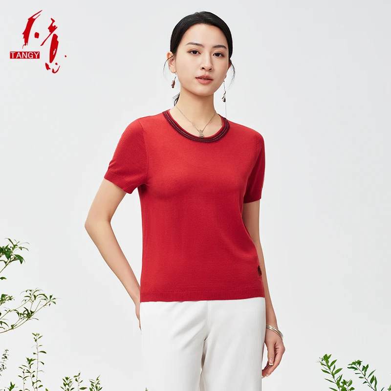 TANGY/天意春季新品商场同款民族风红色女针织毛衫WD242305