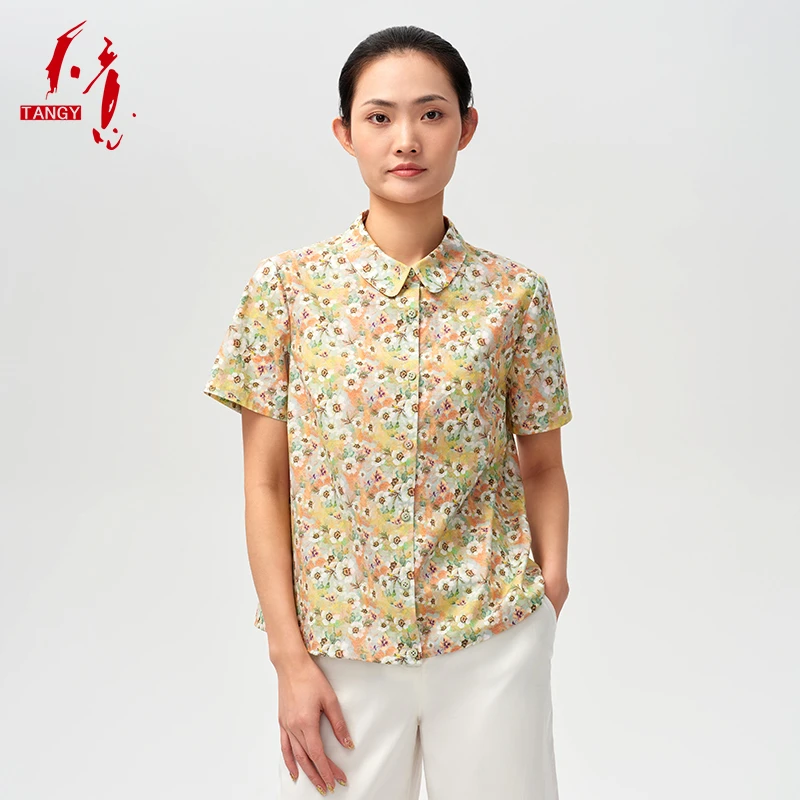 TANGY/天意2024夏季新款印花翻领短袖女士衬衫W242023