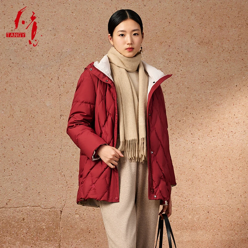 TANGY/天意秋冬商场同款绣花连帽中长款女士羽绒服2244035