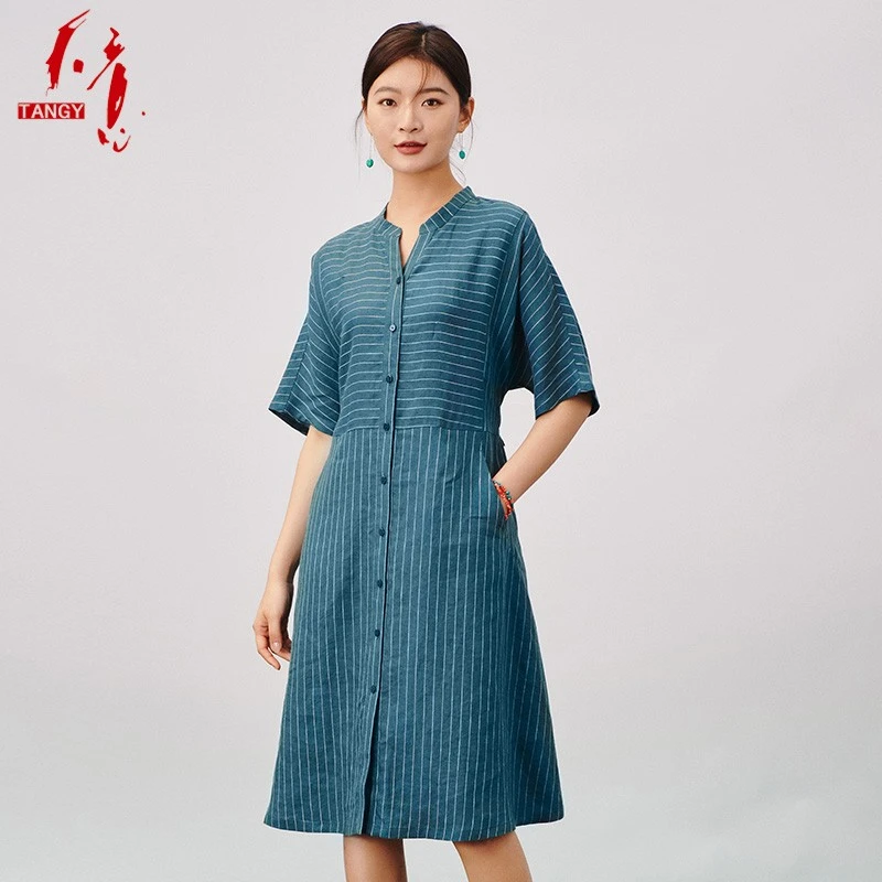 TANGY/天意春季新品民族风V领休闲时尚优雅连衣裙女W232800