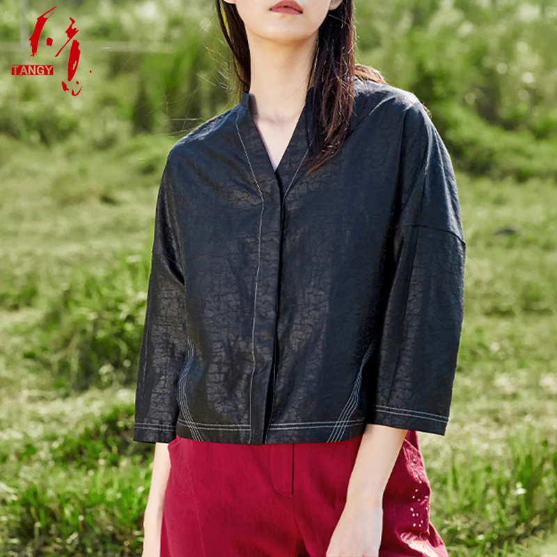 TANGY/天意莨绸香云纱宽松龟裂纹外套夏新款V领衬衫上衣女W201018