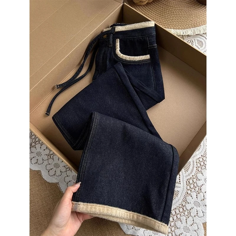 加绒加厚深蓝色直筒牛仔裤女冬季新款胖妹妹mm高腰宽松显瘦阔腿裤