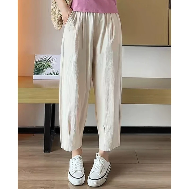 日系休闲裤大码女装夏季薄款直筒百搭宽松哈伦裤萝卜小个子九分裤