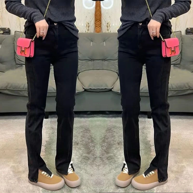 胖妹妹春季大码弹力牛仔裤女大码胖mm显瘦梨型身材开叉马蹄长裤子