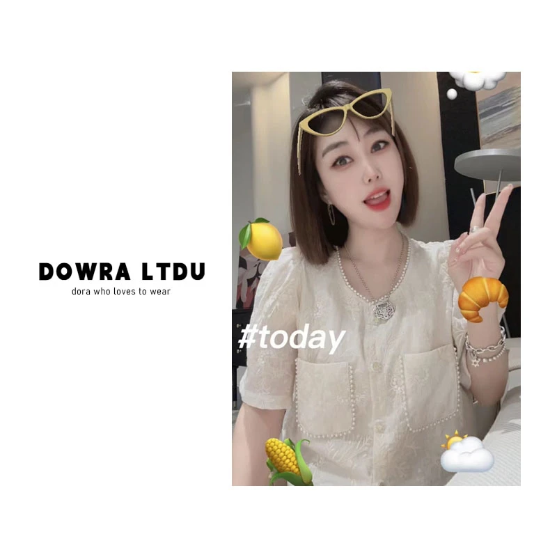 朵拉Dowra【一见倾心】2024年新款圆领褶皱镂空百搭衬衫497-6657