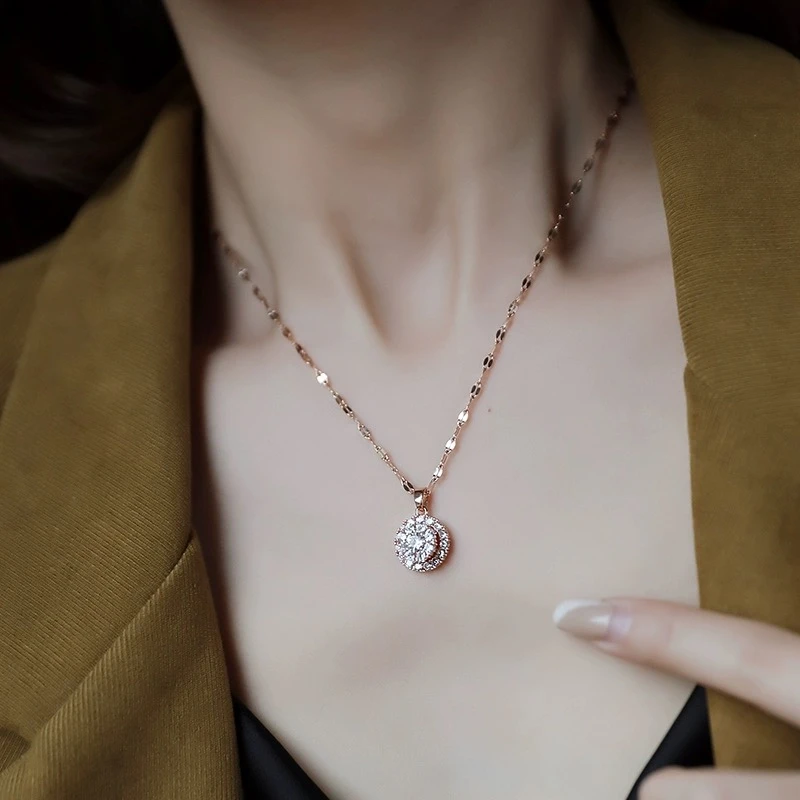 钛钢项链 可旋转精致锆石吊坠气质简约锁骨链颈链F2924