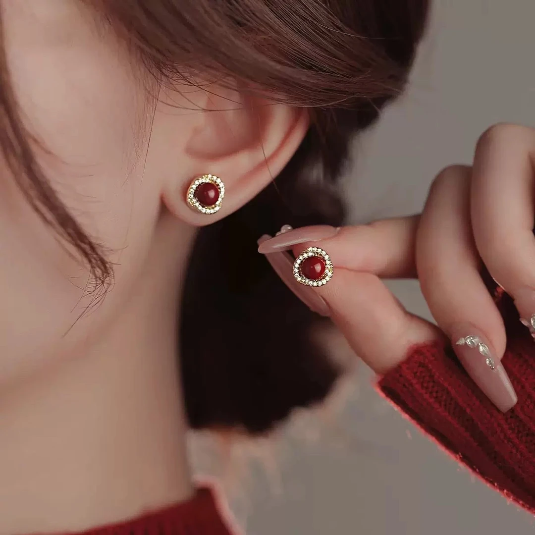 铜合金耳饰 法式气质酒红缠绕秋冬耳钉女高级感时尚耳环耳饰F1095