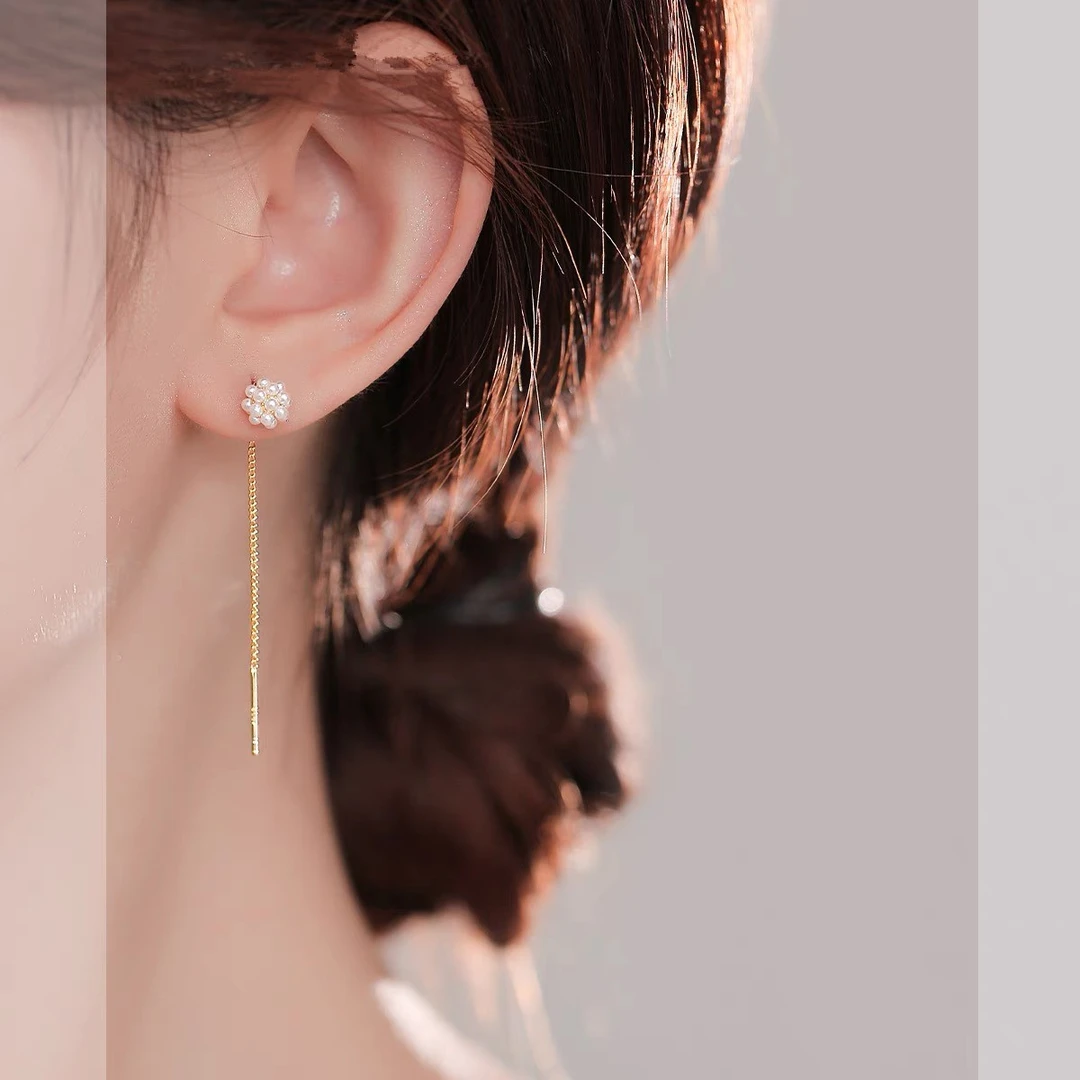 铜合金耳饰 花球珠珠耳线女潮简约流苏长款耳饰小众气质耳钉F1031