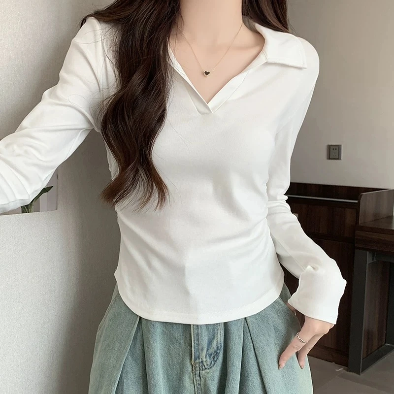 千朔正肩v领POLO领长袖初春收腰百搭简约打底修身显瘦小众上衣女