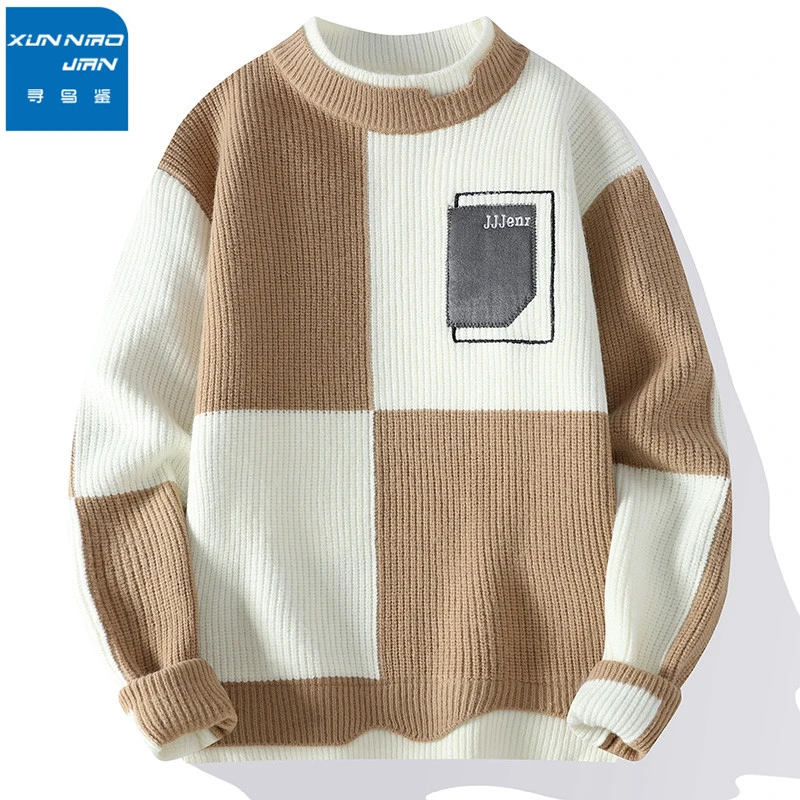 假两件毛衣男冬季加绒加厚潮撞色圆领针织衫男宽松慵懒风毛衫外套