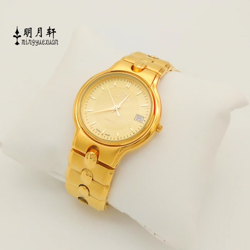 越南沙晶金男手表 999 不掉色石英商务金表高端黄金色腕表轻奢