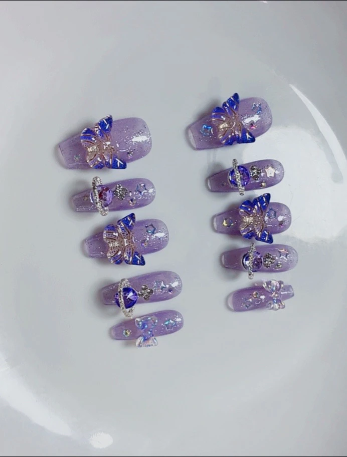 紫色爆闪立体蝴蝶极光星球纯手工穿戴甲