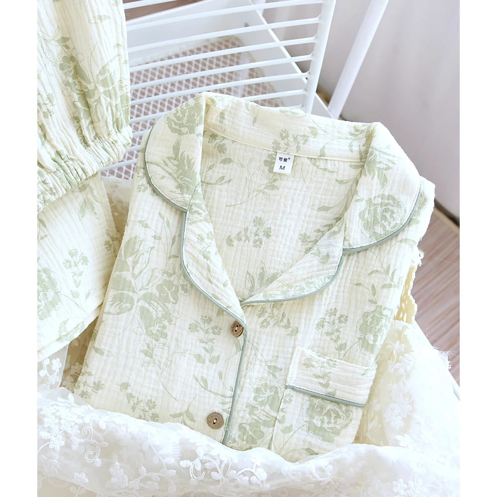 (碧玉蔷薇)A类纯棉睡衣女套装春夏双层纱布长袖高档家居服套装