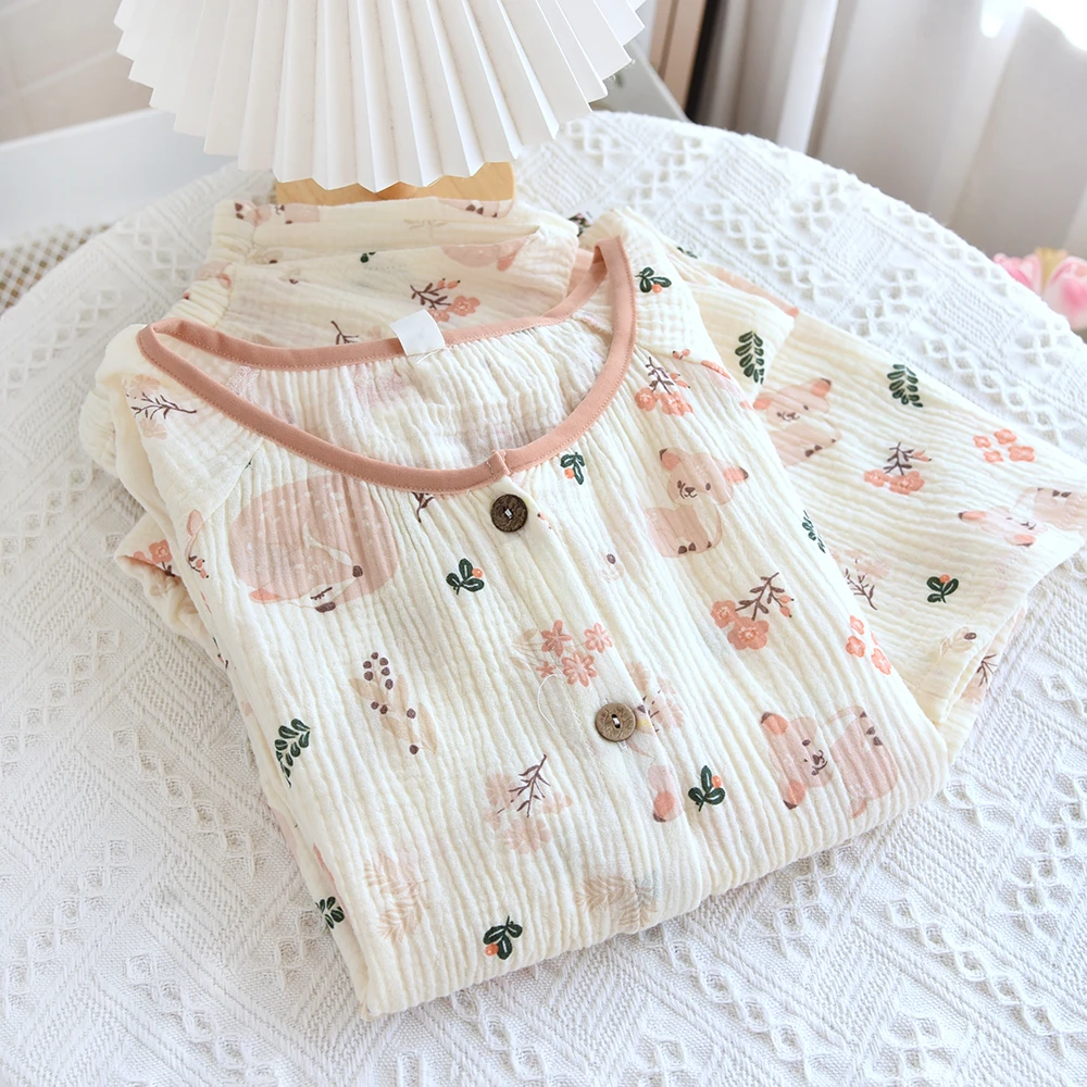 （A类棉纱睡衣）女纯棉春夏长袖圆领休闲双层纱布100%全棉家居服