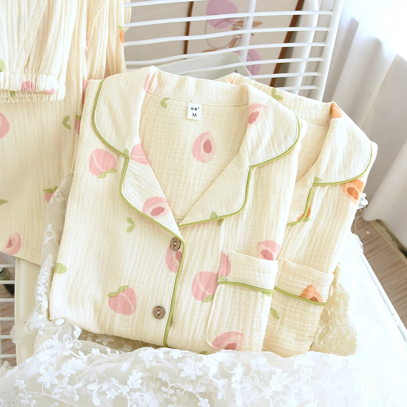 （桃你喜欢）春秋季纱布睡衣女纯棉长袖长裤A类全棉家居服套装