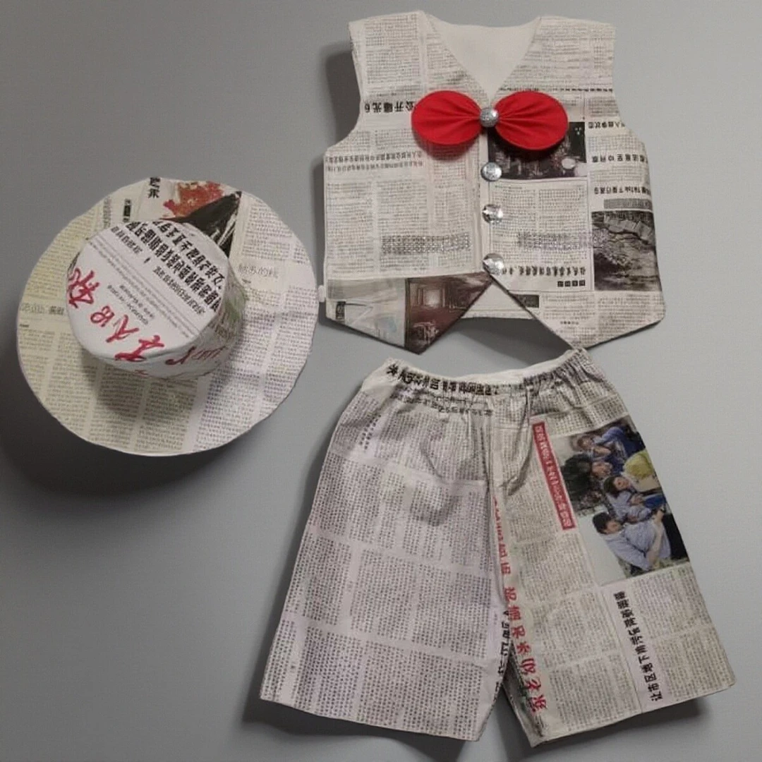 幼儿园环保手工衣服diy时装秀服装创意演出报纸马甲帽子套装