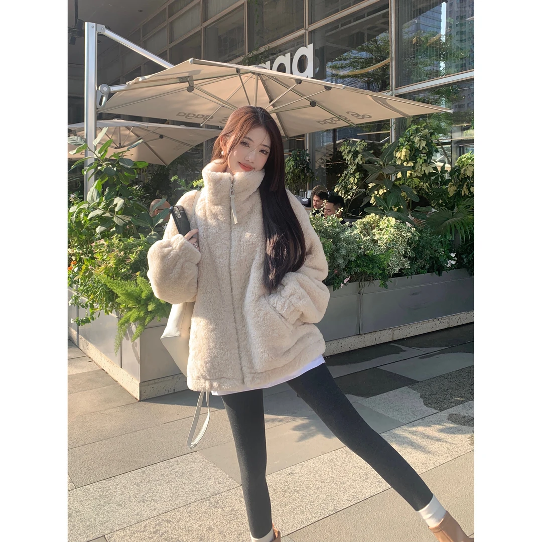 夹棉秋冬厚外套保暖立领冬季2025新款气质宽松显瘦毛茸茸上衣潮