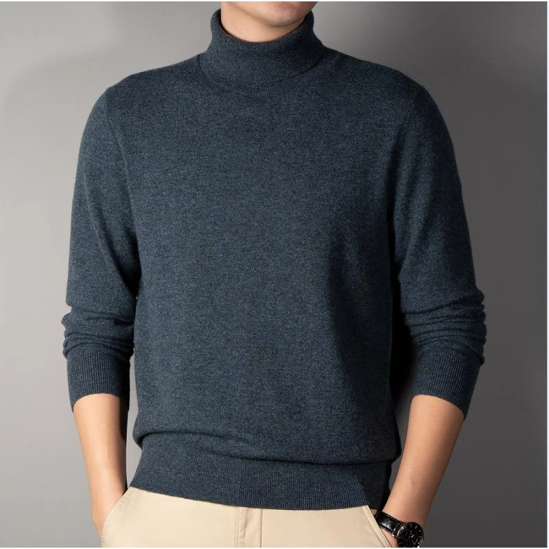冬季时尚羊绒衫长袖半精纺男士加厚保暖高翻领羊绒衫纯色休闲百搭