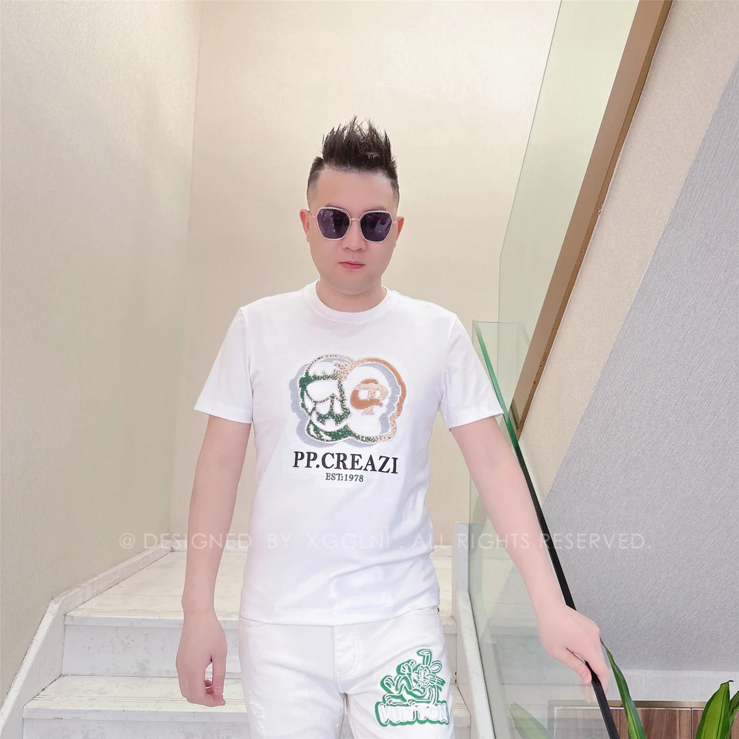 春夏款NL两个动漫头盔男士品质高端轻奢洋气上档次短袖t恤潮男装