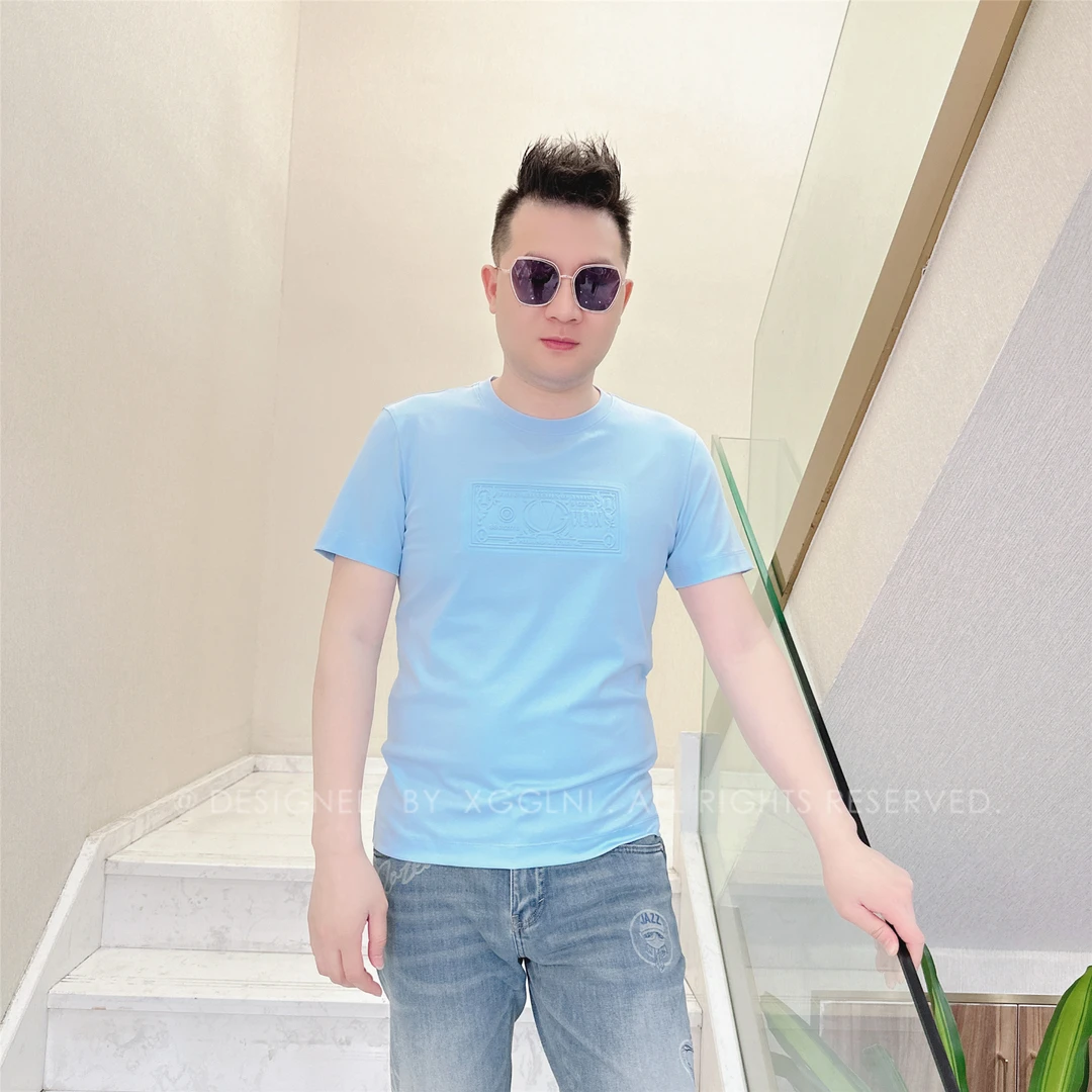 夏季款NL四色纯色压凸长方形男士品质高端轻奢洋气上档次短袖t恤