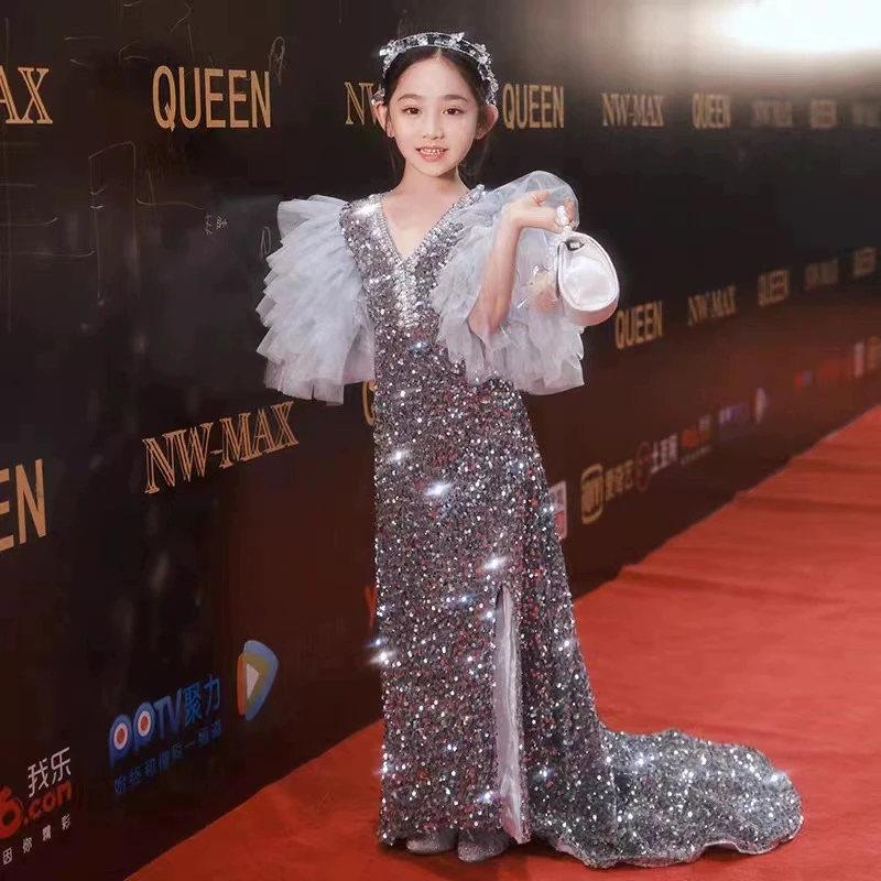 儿童走秀礼服公主裙花童生日钢琴表演高端亮片鱼尾裙纱袖模特T台