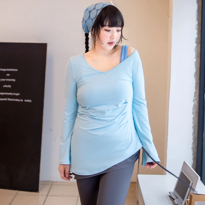 大V领显瘦加长大码速干运动上衣女跑步锻炼瑜伽服长袖修身健身衣