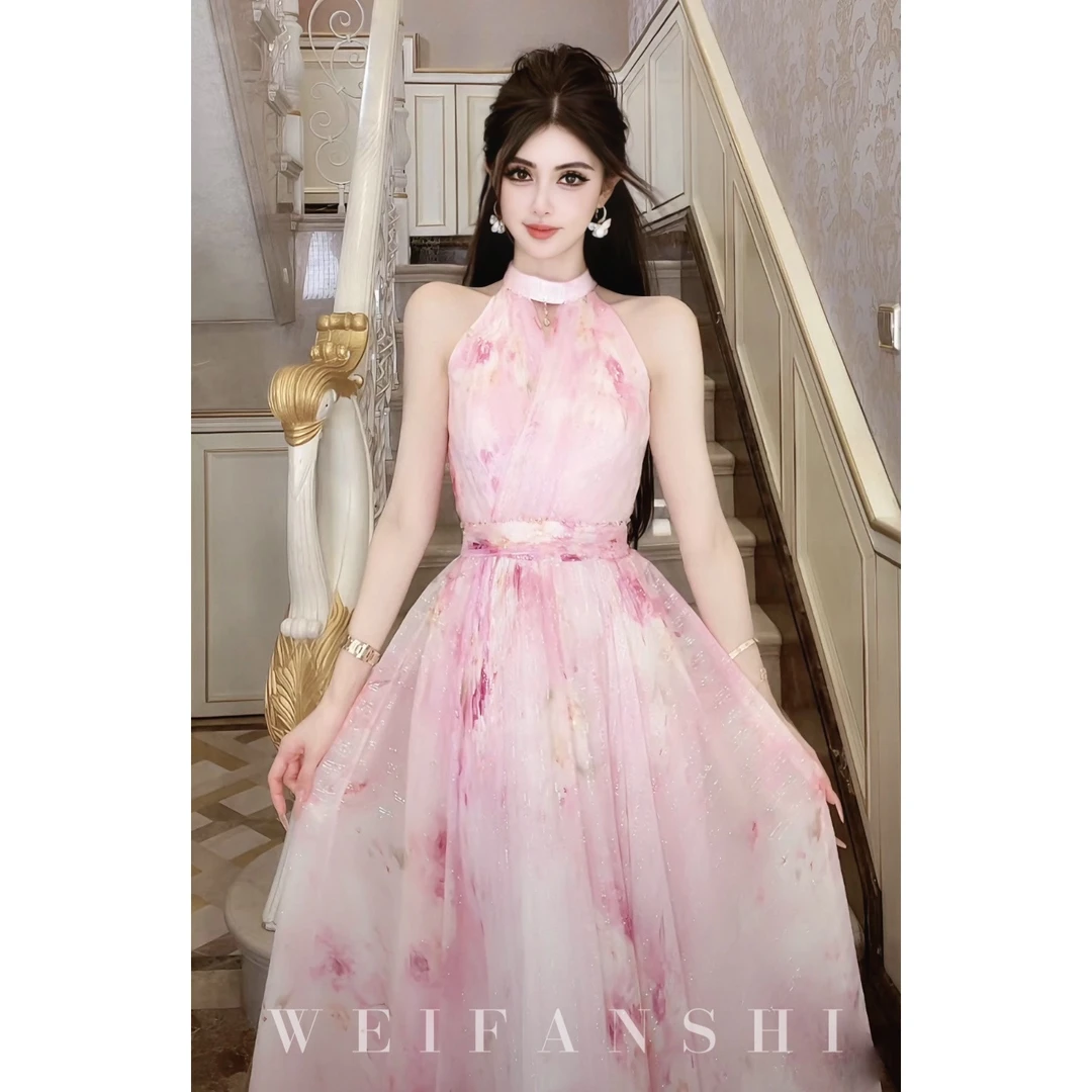 WEIFANSHU/魏凡舒【花琉璃】挂脖收腰名媛优雅连衣裙气质高级感女装