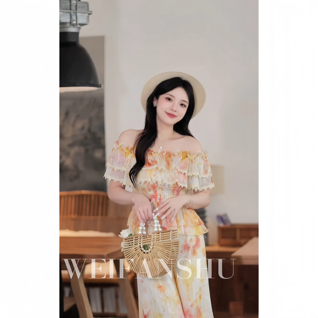 WEIFANSHU/魏凡舒【泰姬陵】法式气质一字肩蚕丝印花时尚甜美套装