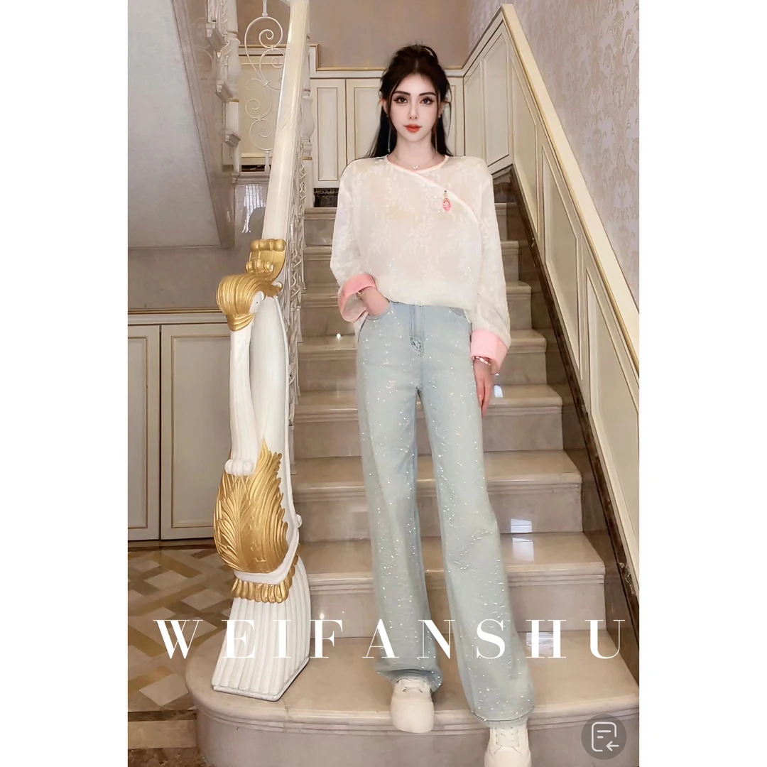 WEIFANSHU/魏凡舒【闪钻祥云】名媛轻奢设计感减龄宽松直筒牛仔裤