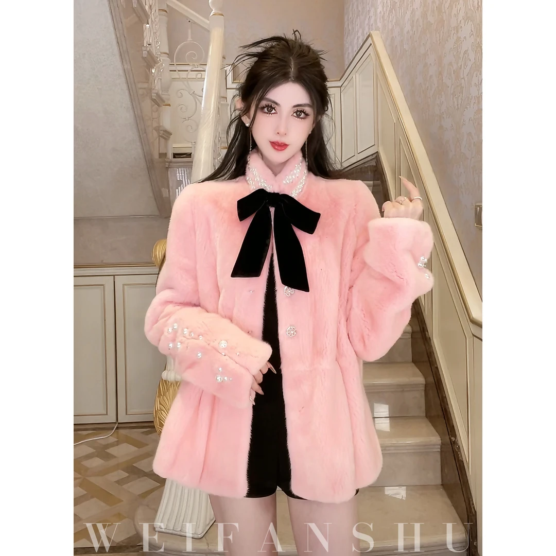 WEIFANSHU/魏凡舒【烛光晚宴】冬季新款时尚甜美可爱蝴蝶结水貂外套