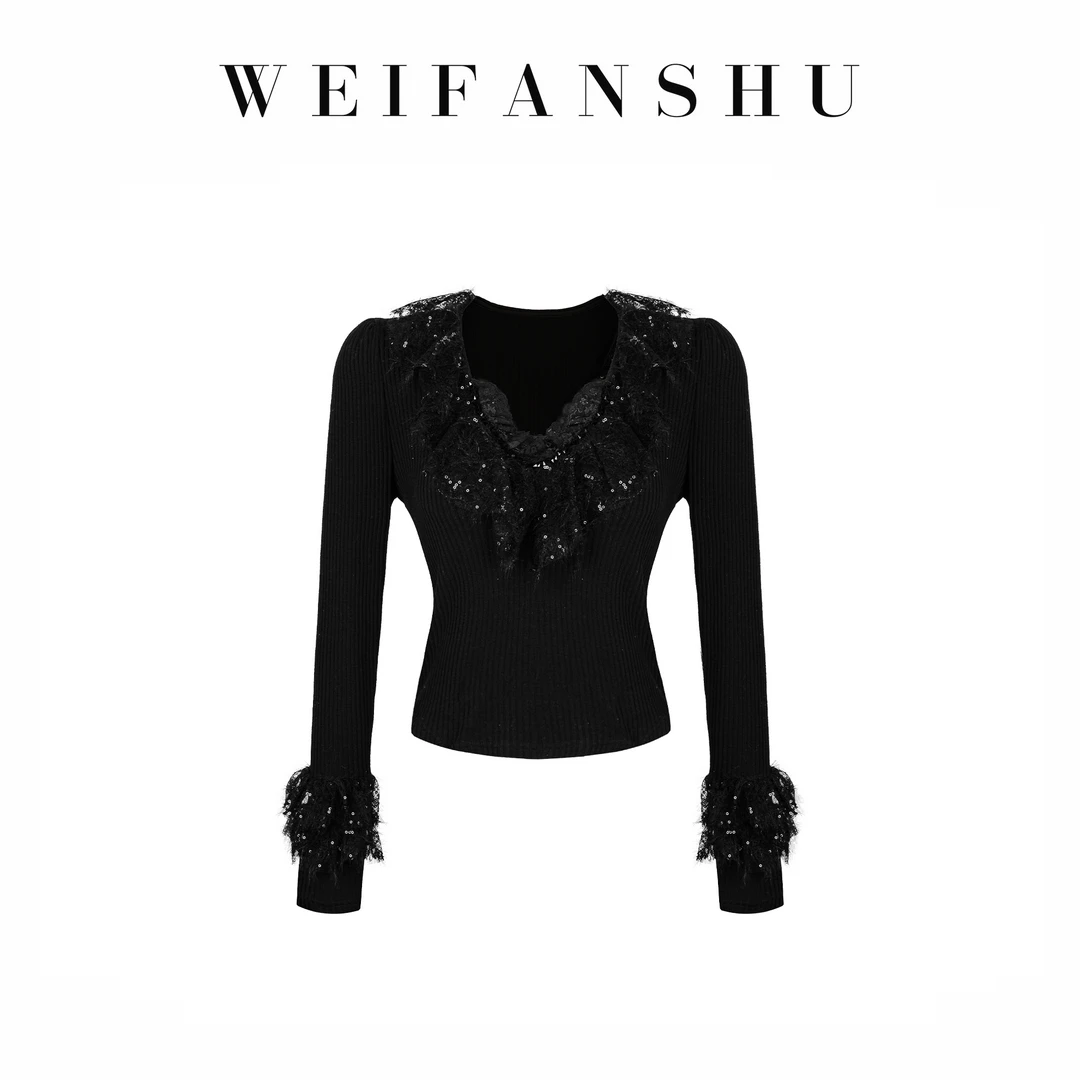 WEIFANSHU/魏凡舒【甜心花语】秋冬新款气质甜美蕾丝拼接针织上衣