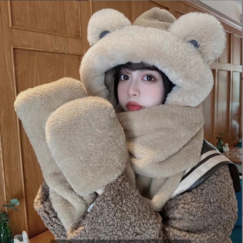 小熊围巾帽子一体女冬季保暖可爱围脖冬天连帽秋冬毛绒三件套手套