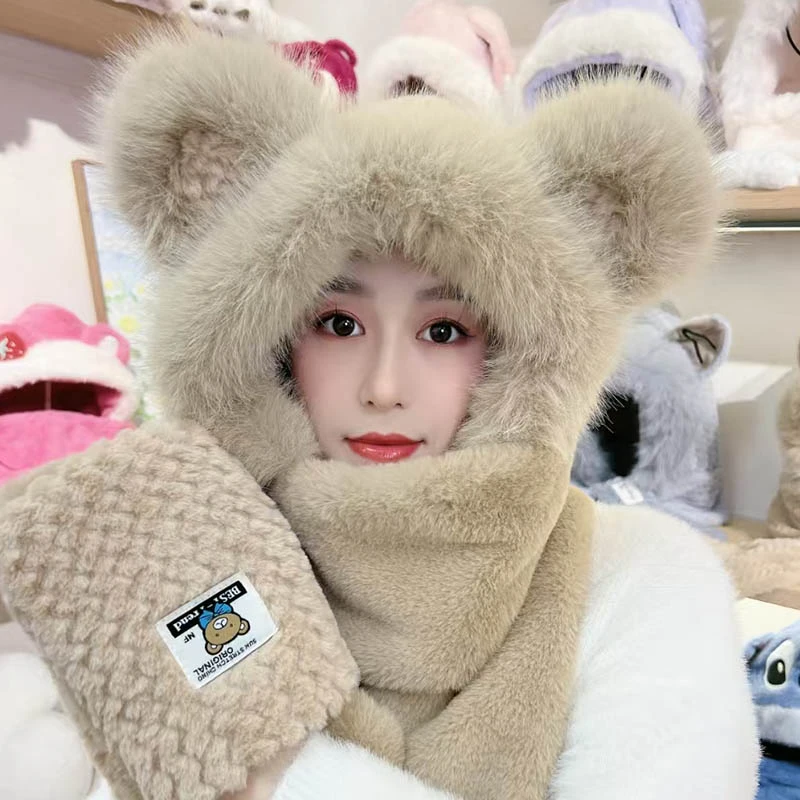 小熊帽子秋冬女围巾手套一体连帽冬季围脖可爱保暖毛绒冬天三件套