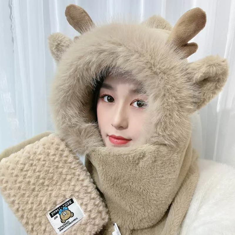 鹿角帽子秋冬女围巾手套一体连帽冬季围脖可爱保暖毛绒冬天三件套