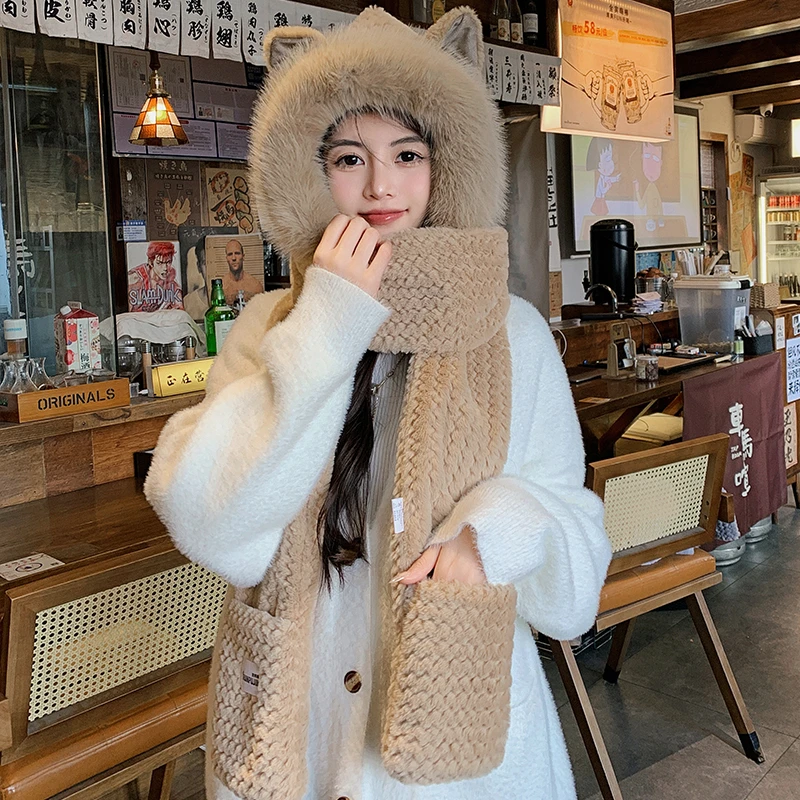 RUNPUJIN/润溥槿狐L帽围巾一体女秋冬天骑行可爱毛绒百搭秋冬季帽