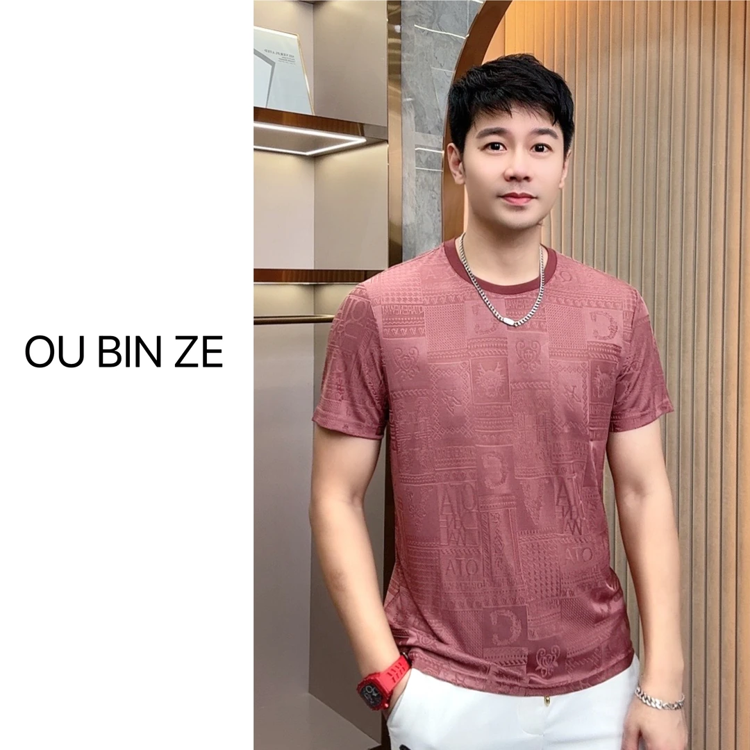 欧彬泽【云璃】冰丝龙图腾提花设计2024新款夏季男装圆领短袖T恤