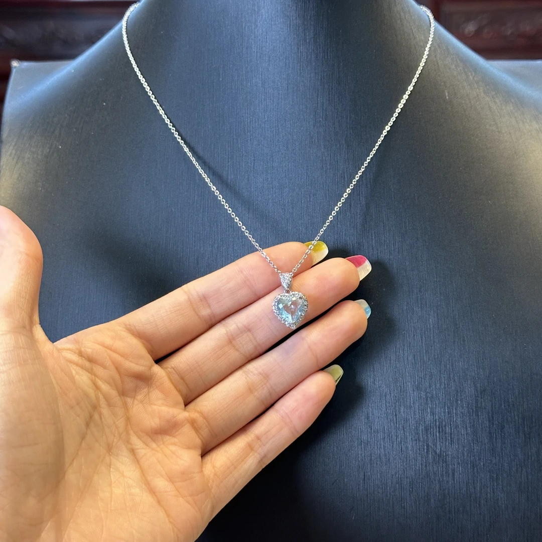 铜合金项链 （051）蓝色爱心项链轻奢时尚百搭女士小众银色镶嵌坠链