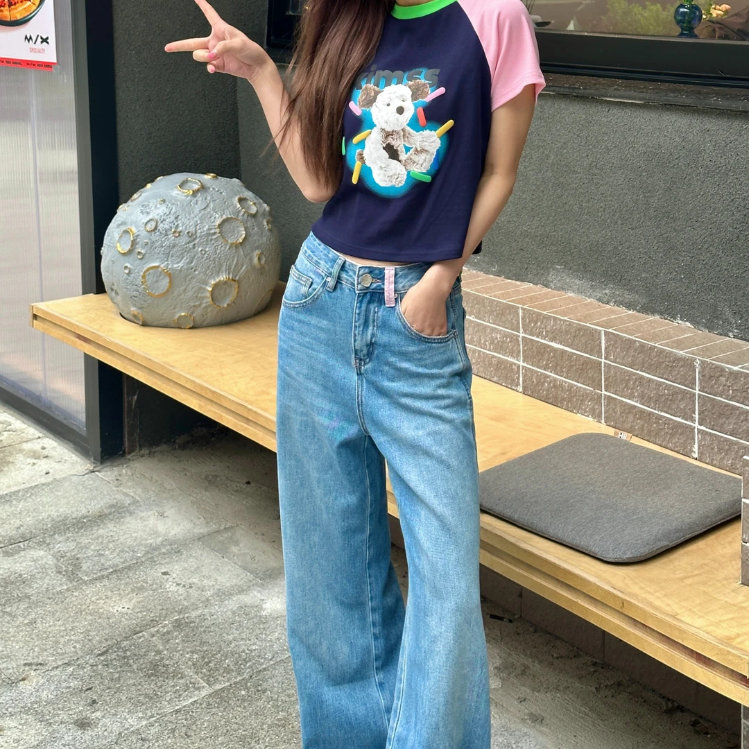 【MM.STUDIO】夏季宽松韩版休闲粉色边边春夏百搭牛仔裤MK004