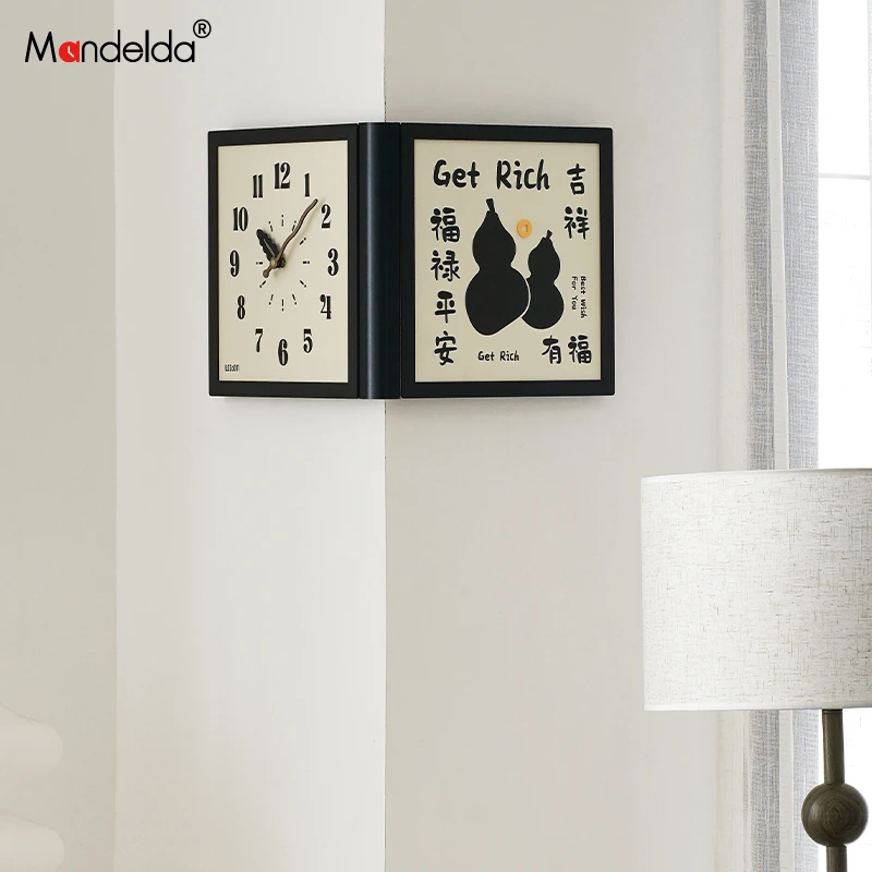 Mandelda免打孔创意双面转角家用客厅挂钟现代简约拐角创意时钟