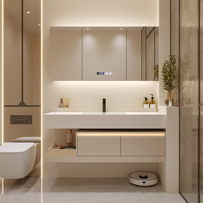 【岩板无缝盆】奶油风浴室柜组合卫生间洗漱台洗脸盆一体柜洗手台