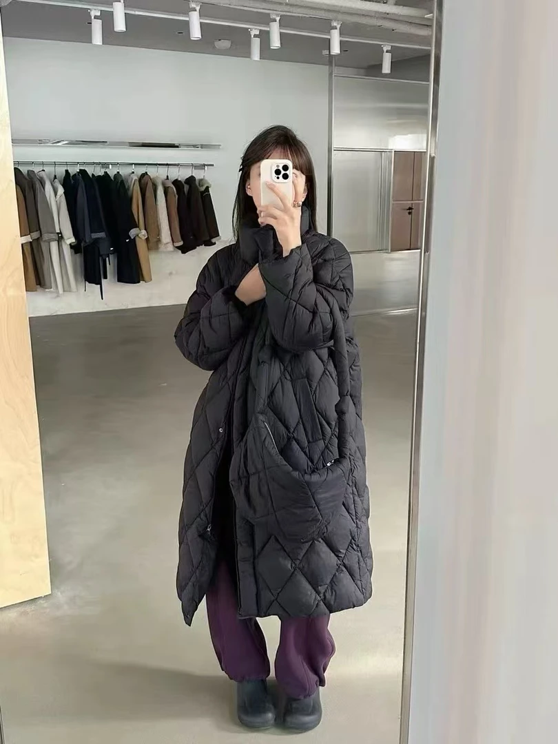 韩系休闲宽松过膝加厚长款菱形羽绒服+包包