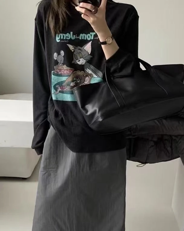 韩系简约高级感宽松磨毛卡通图案长袖打底衫